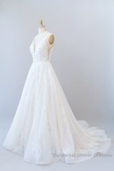 Long A-line V-neck Open Back Appliques Lace Tulle Wedding Dresses